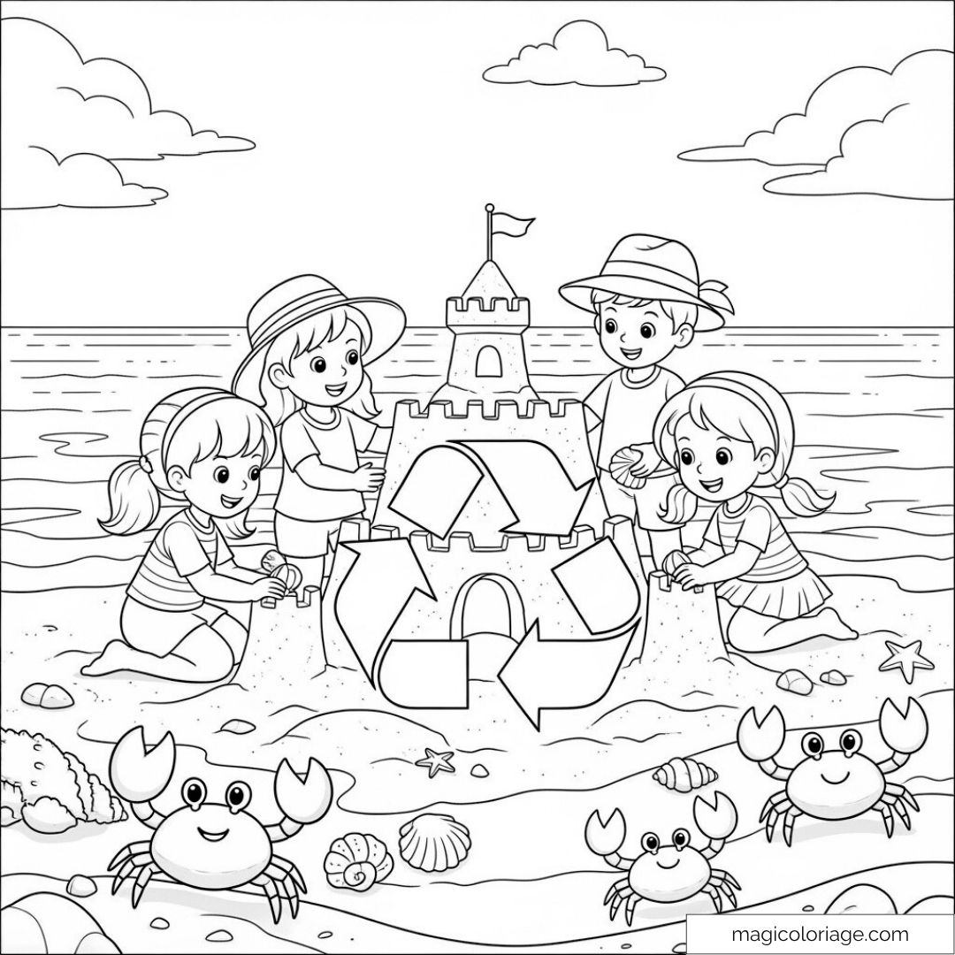Enfants construisant un château de sable sur une plage.