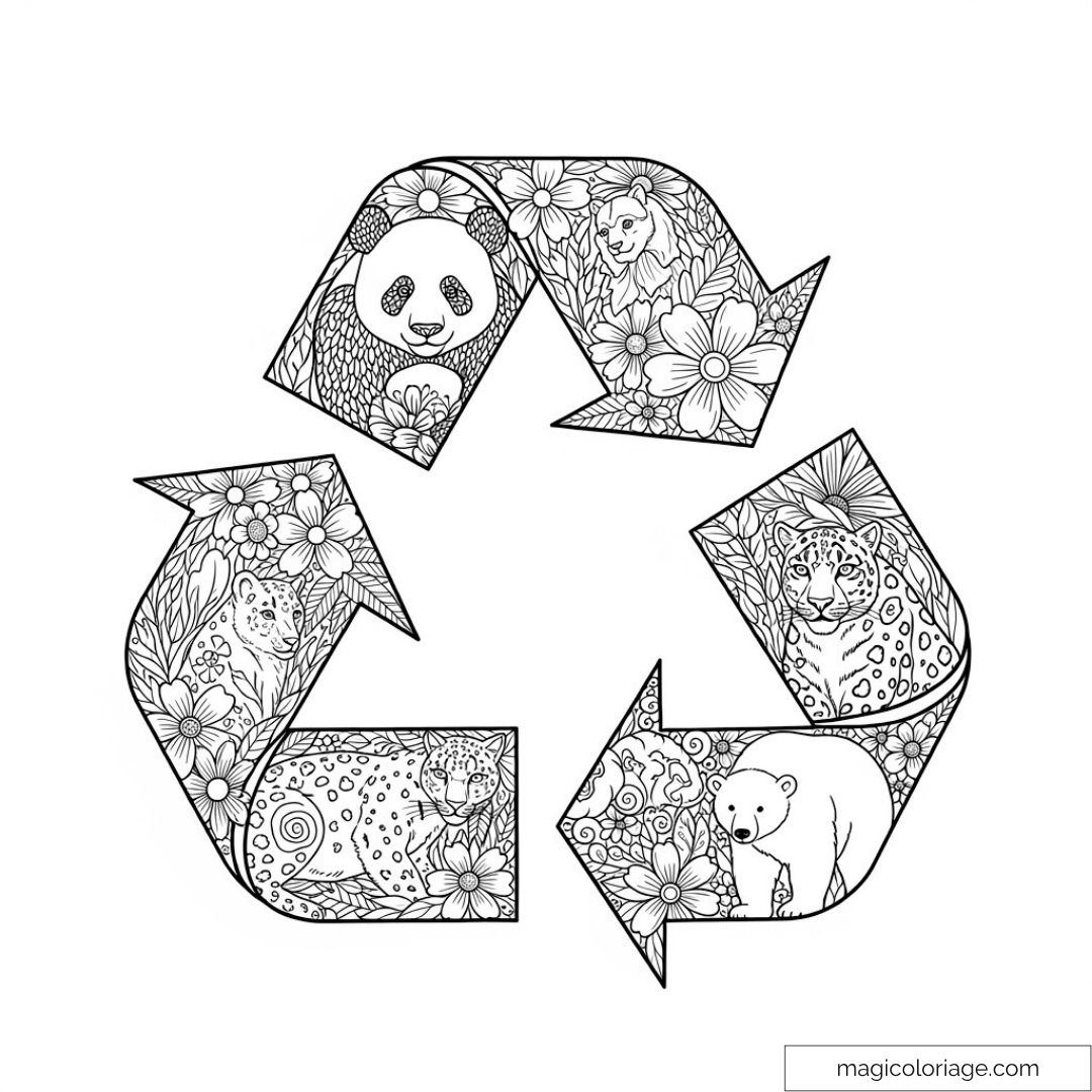 Coloriage d'un symbole de recyclage avec des animaux et des motifs floraux.