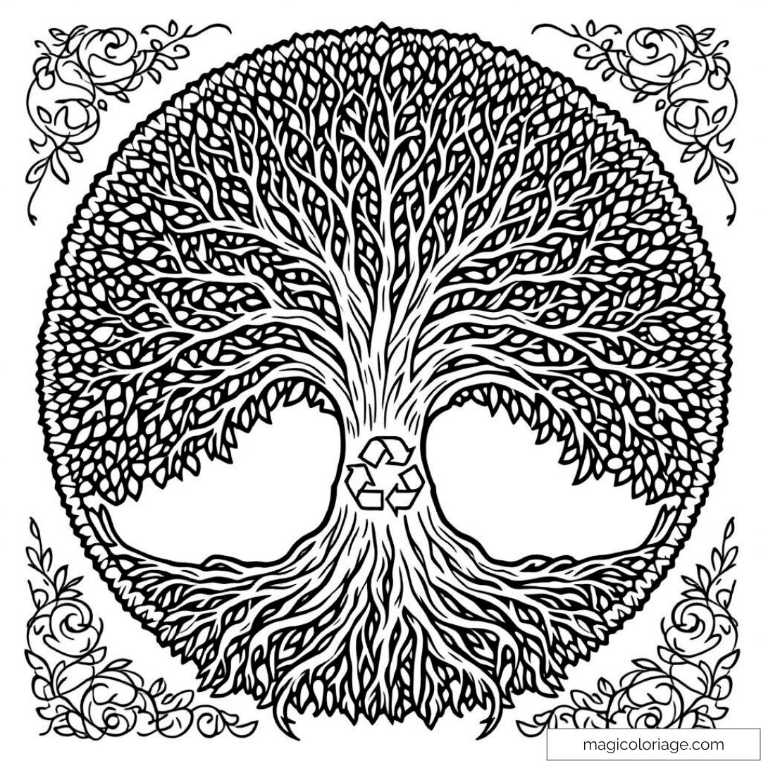 dessin arbre de vie avec symbole recyclage