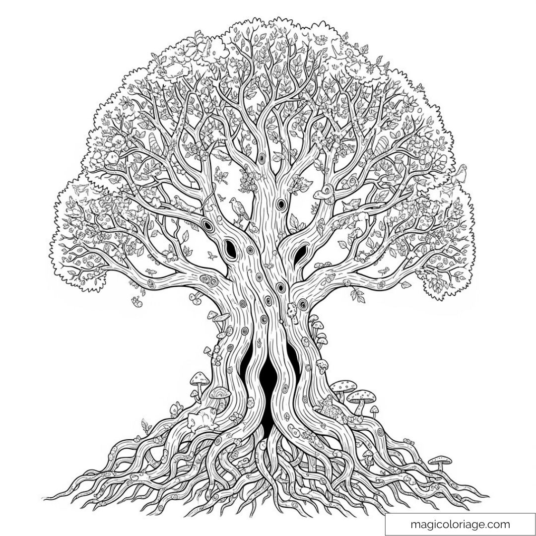 Arbre complexe avec feuillage et racines