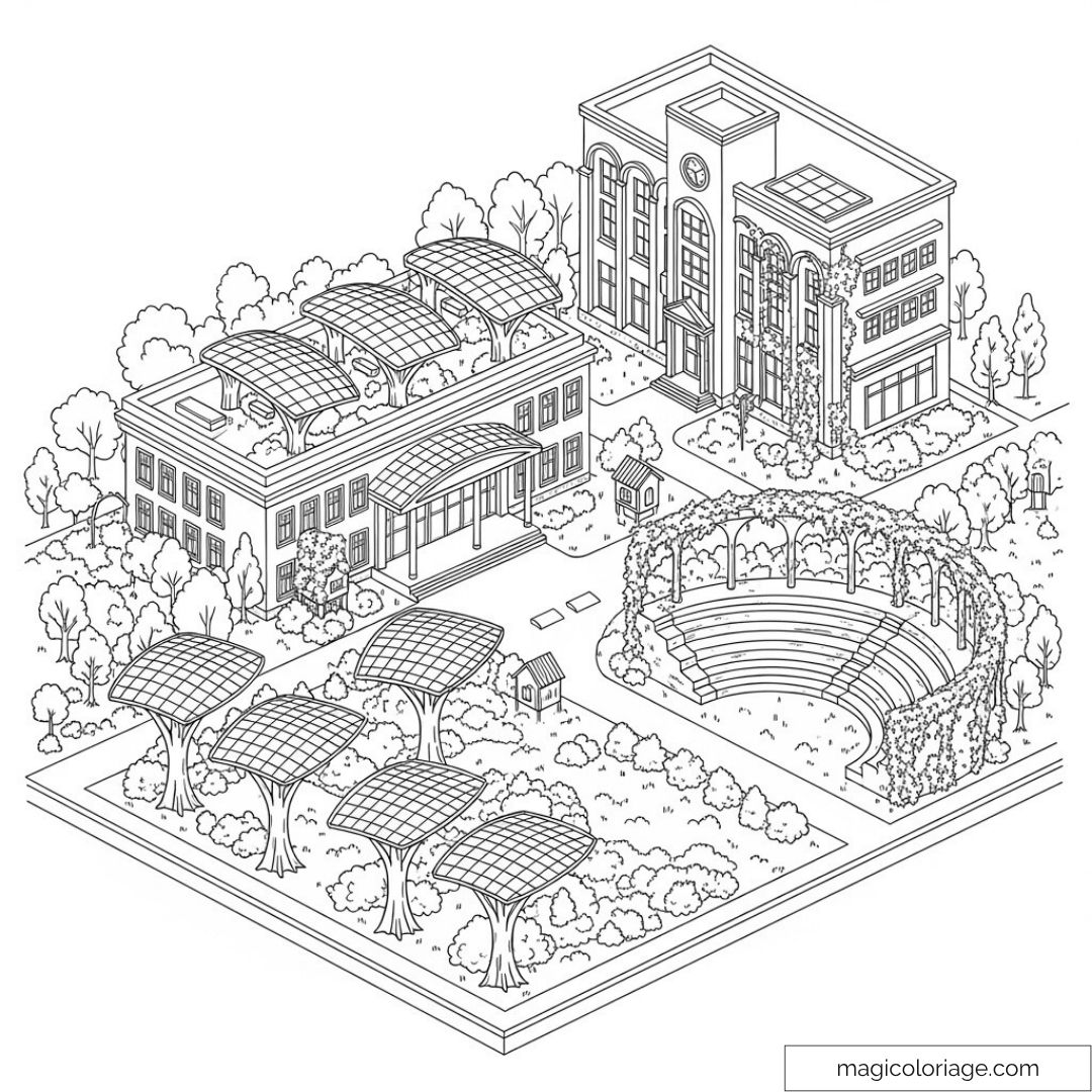 Dessin d'architecture moderne avec bâtiments solaires et parc