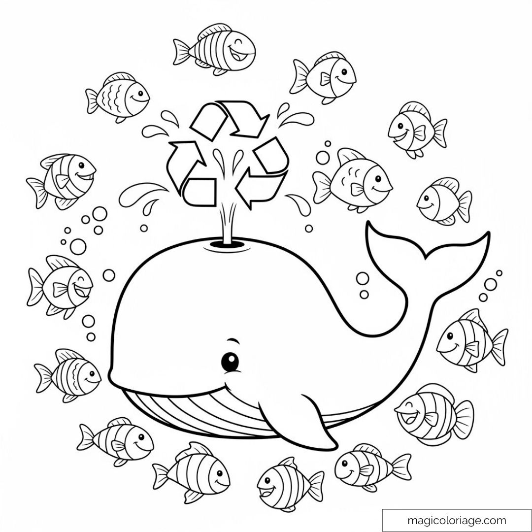 Baleine et poissons entourant un symbole de recyclage avec des bulles.