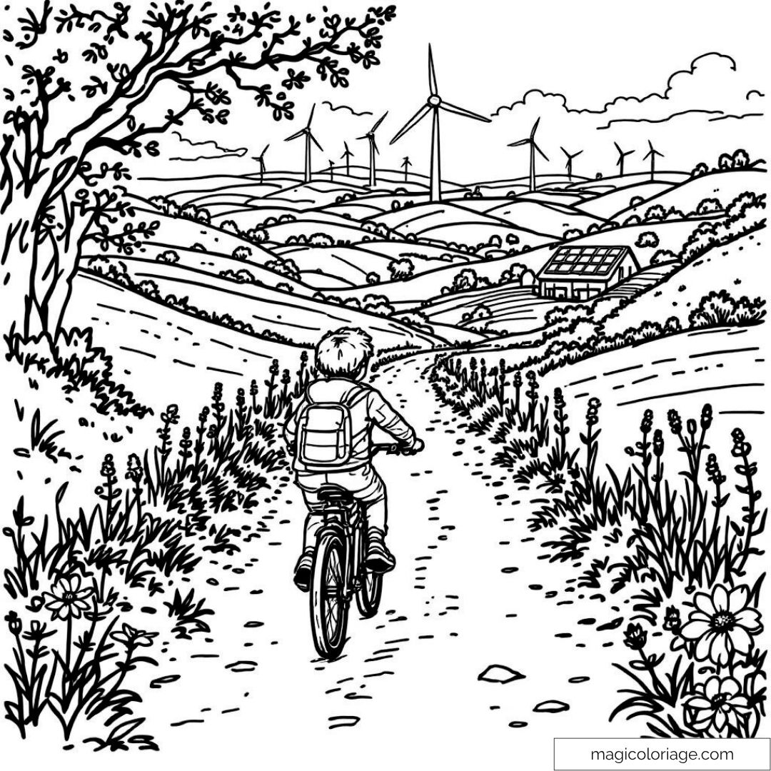 Coloriage enfant vélo campagne