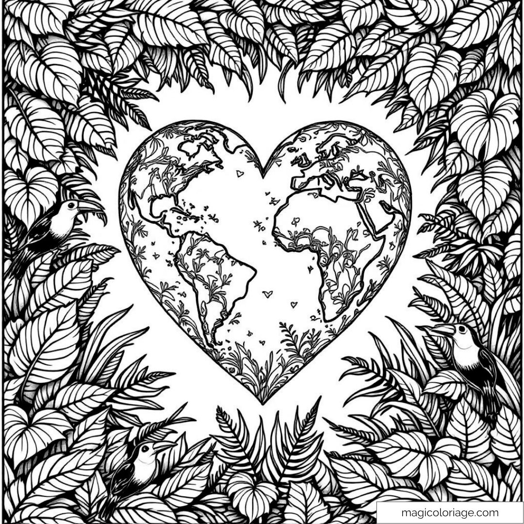 Dessin de la terre en forme de cœur entouré de feuillage et oiseaux.