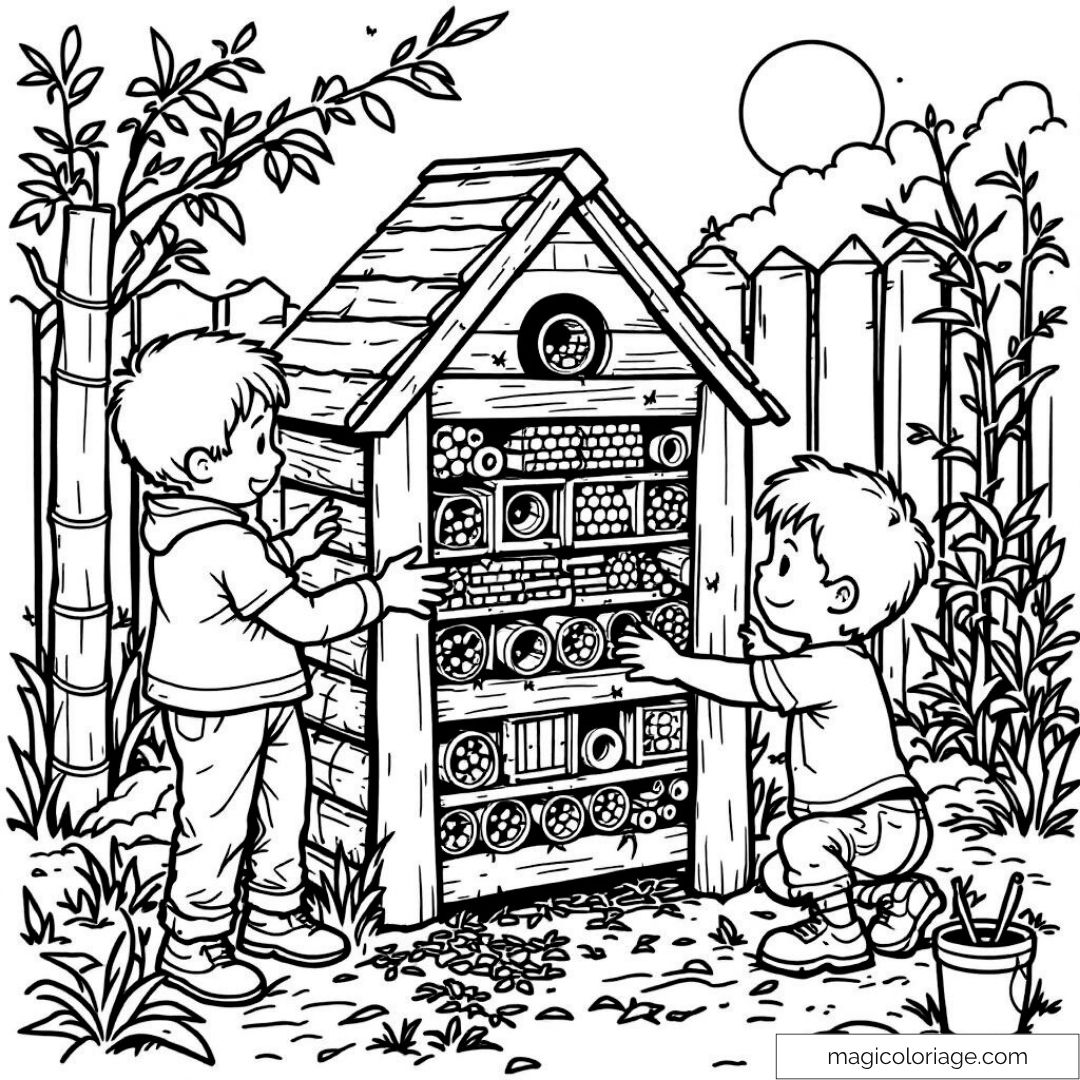 Enfants et hôtel à insectes dans un jardin pour coloriage amusant