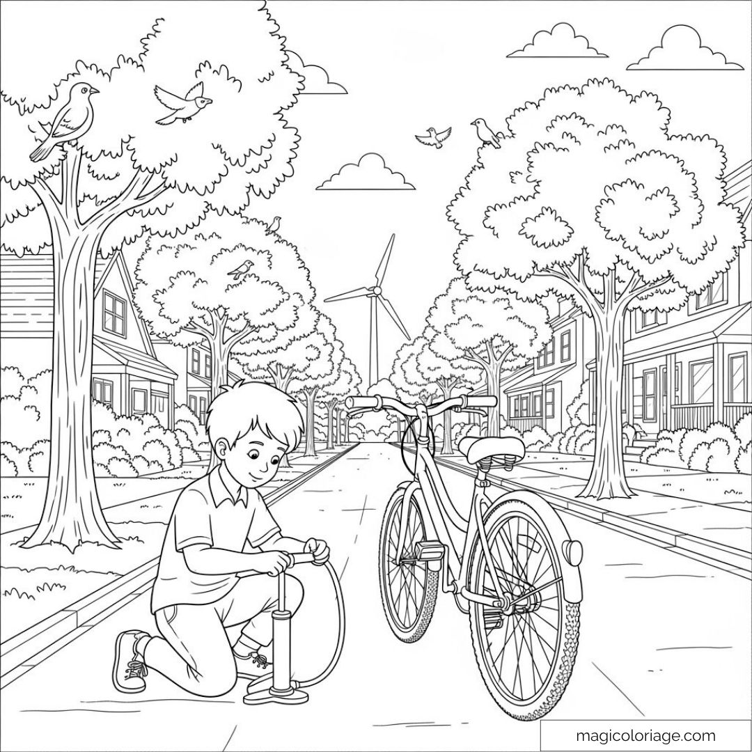 Garçon gonflant un vélo