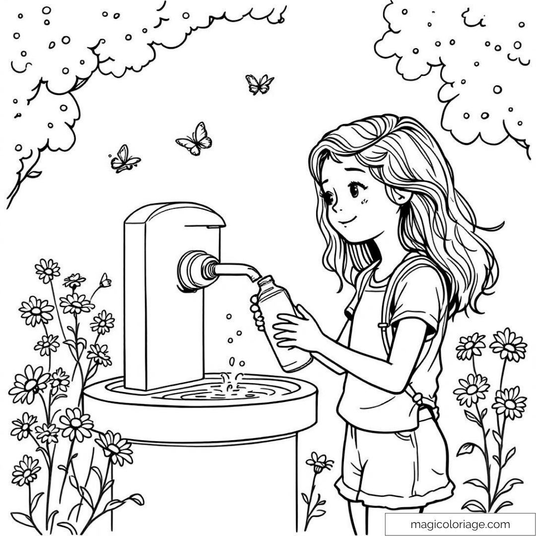 Fille près d'une fontaine dans un jardin floral