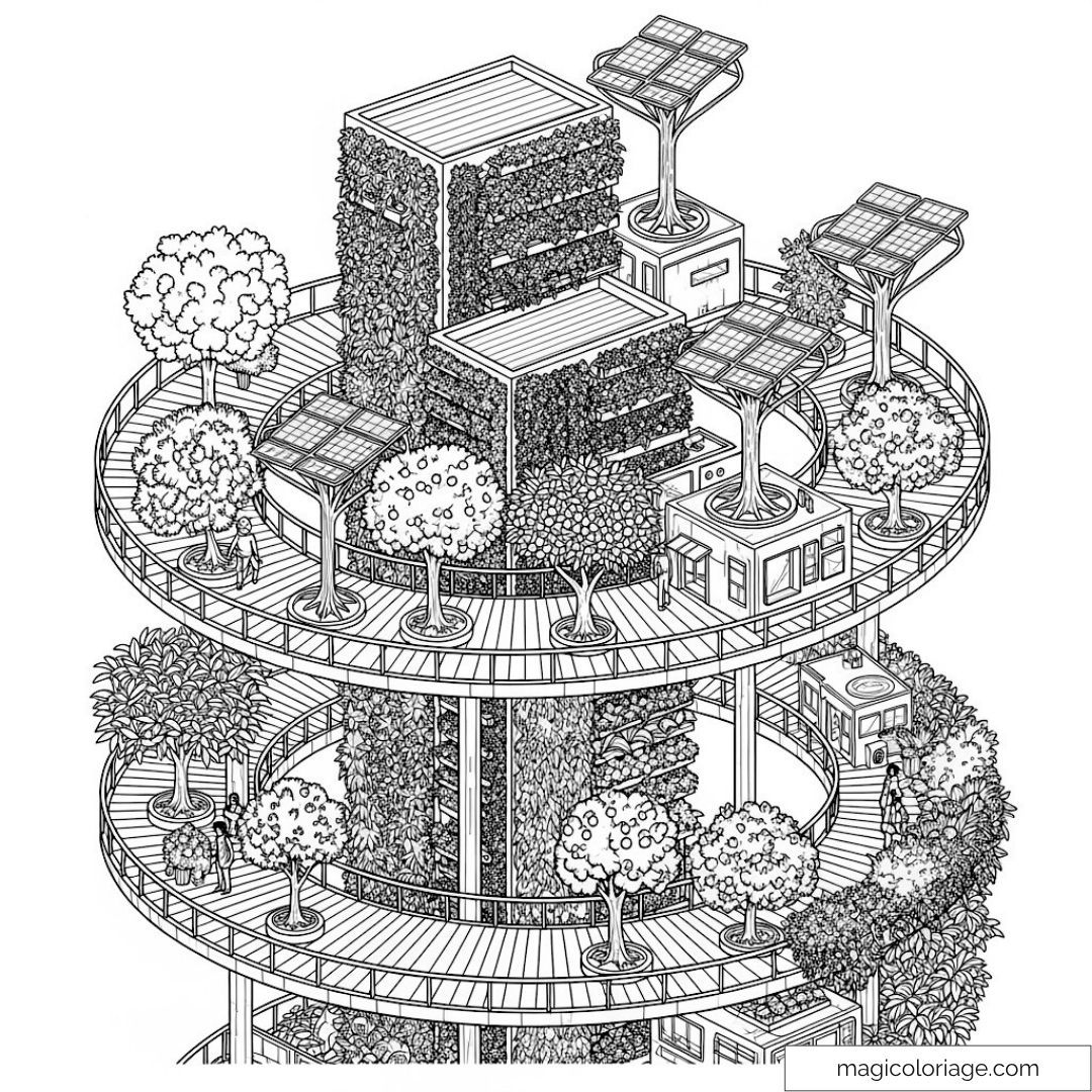 Dessin de ville futuriste avec arbres et panneaux solaires