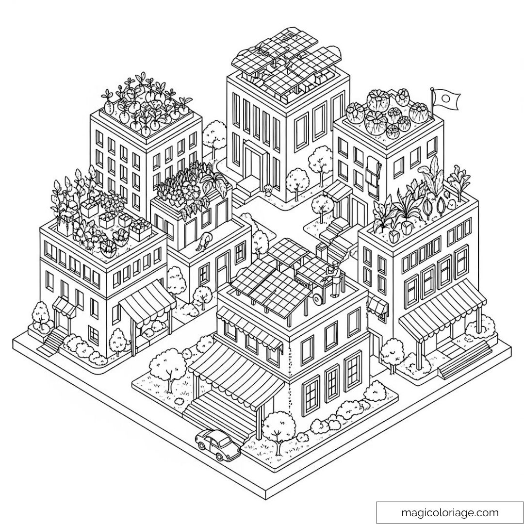 Dessin de bâtiments écologiques avec toits végétalisés dans une ville moderne.