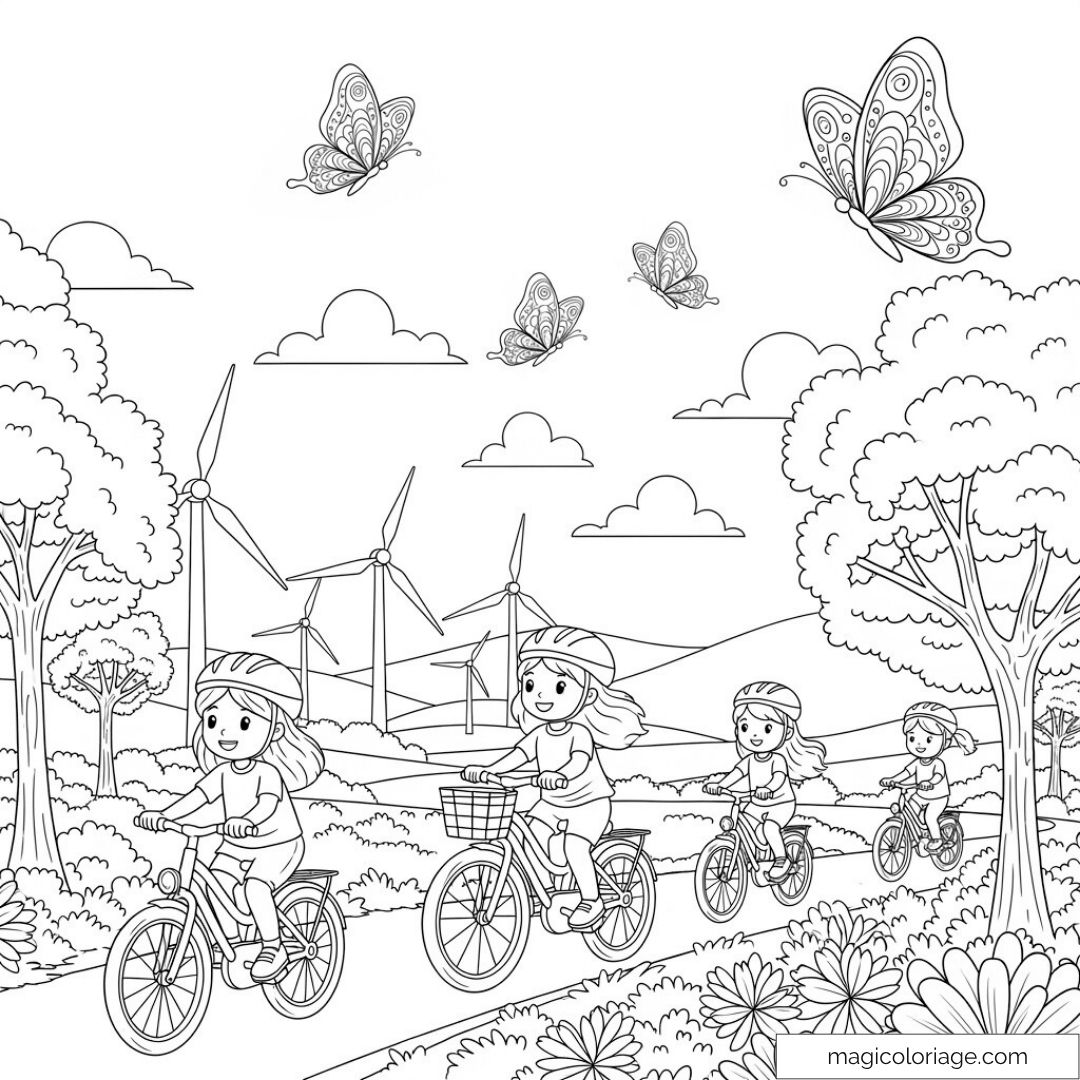Enfants à vélo sur un chemin entouré d'éoliennes et de papillons.