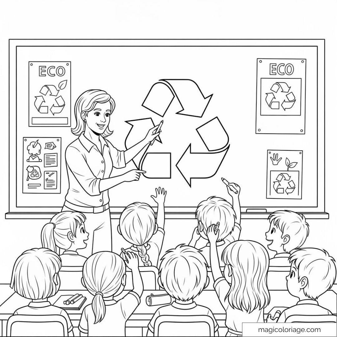 Illustration de salle de classe avec enfants et enseignants discutant du recyclage.