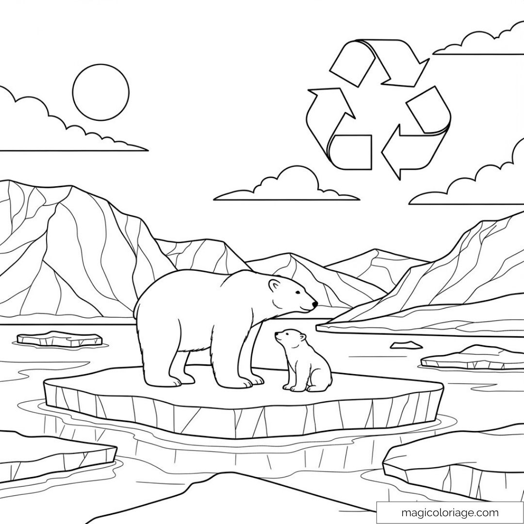 Dessin d'ours polaires sur banquise avec symbole de recyclage.