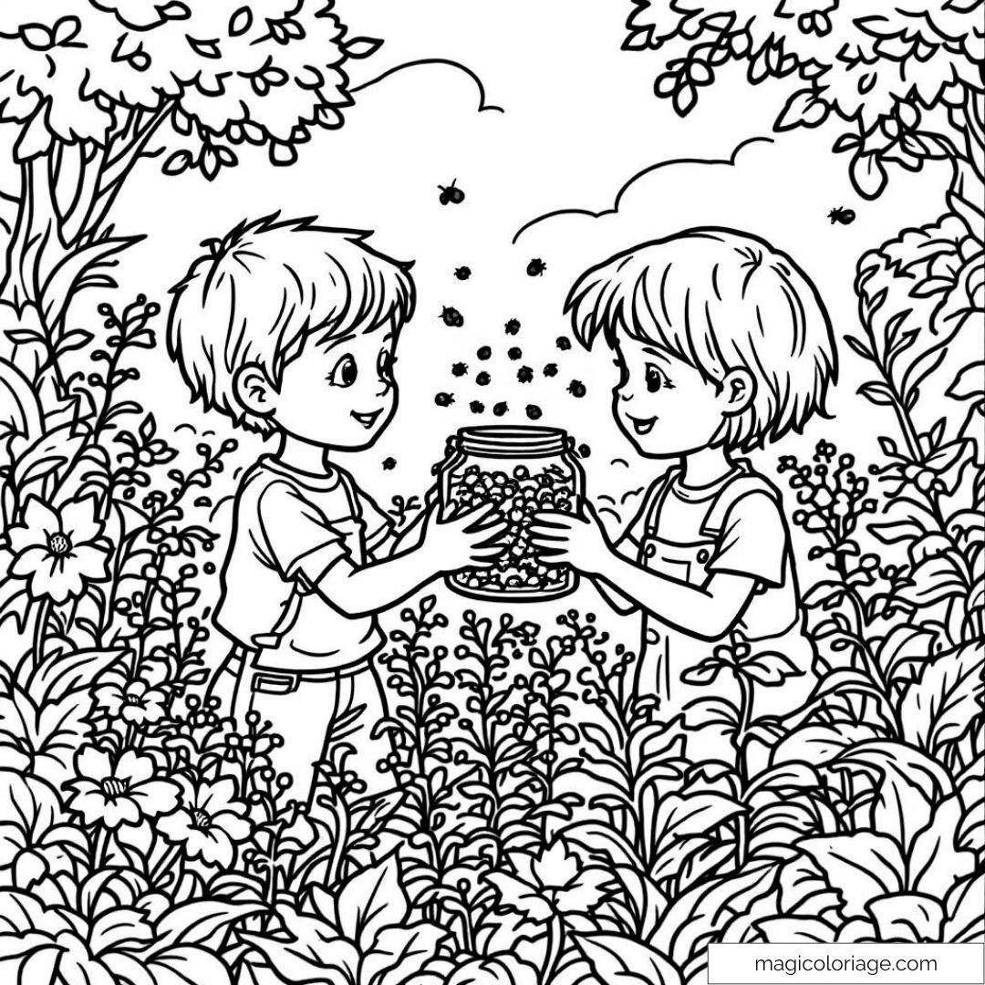 Deux enfants avec un bocal entouré de fleurs dans un jardin.