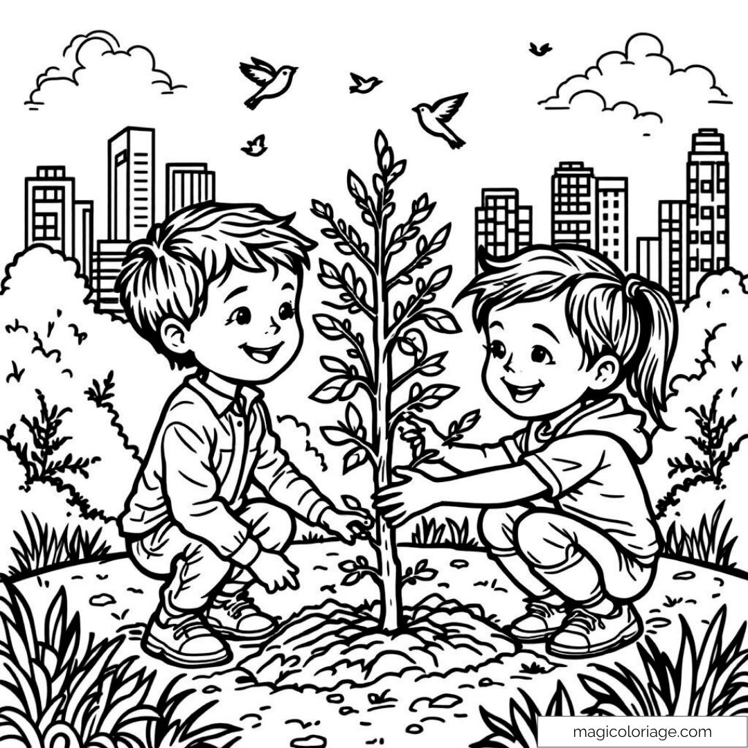 Enfants plantant un arbre