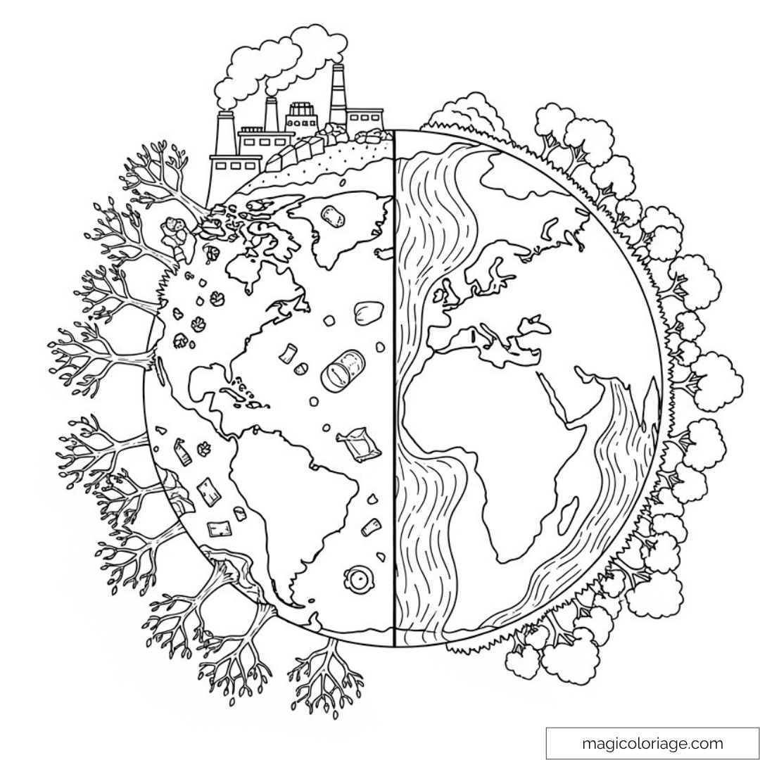 Dessin de la Terre en deux moitiés : pollution à gauche