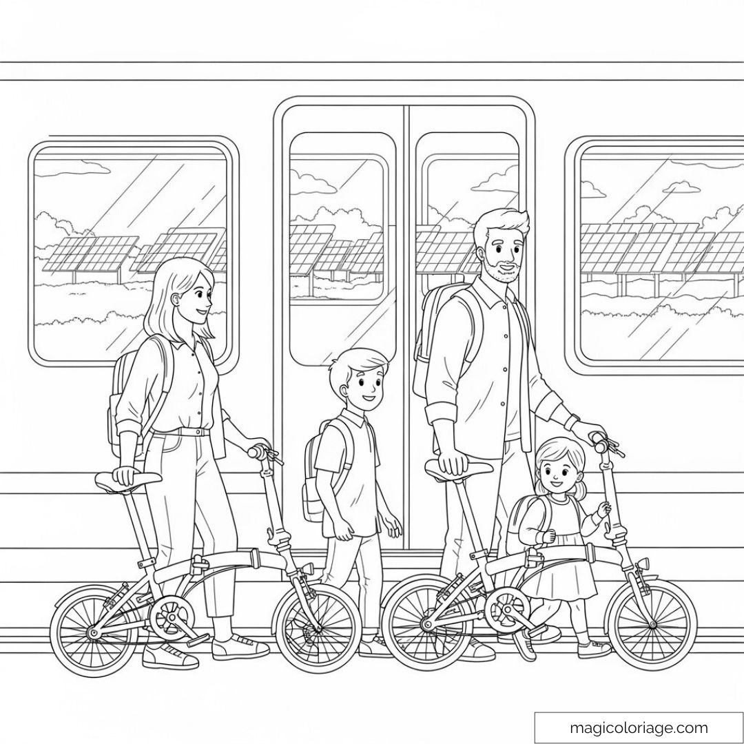 Image de famille avec vélos devant un train