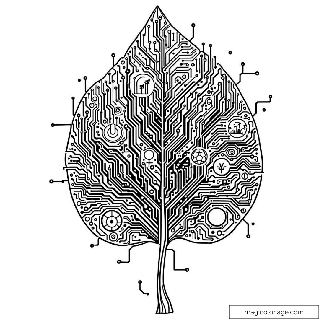Feuille avec détails de circuits électroniques à colorier.