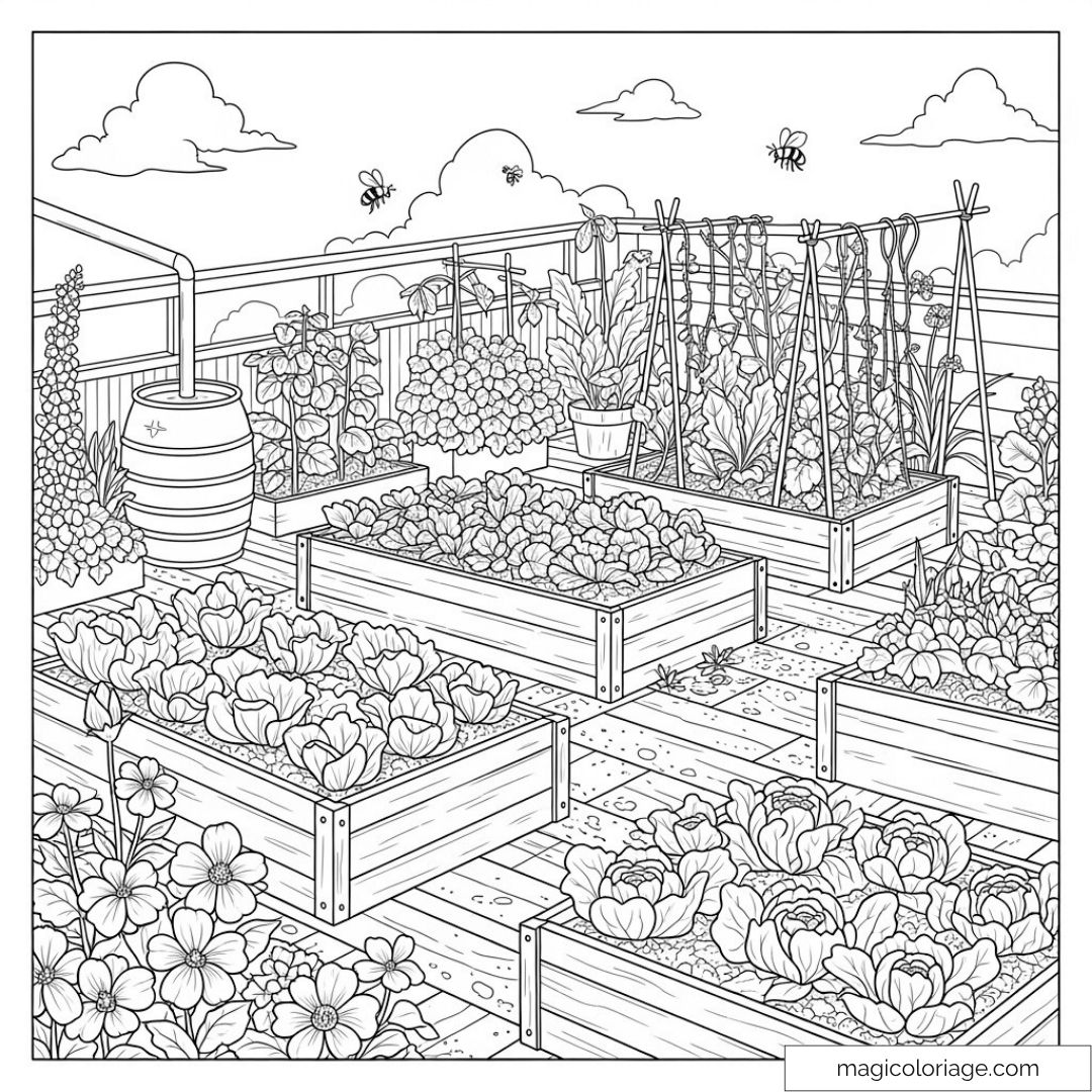 Coloriage de jardin urbain avec légumes variés et fleurs
