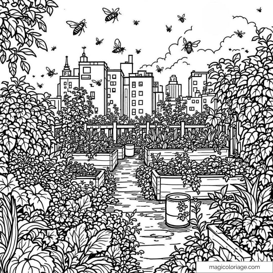 Jardin urbain avec immeubles et abeilles à colorier.