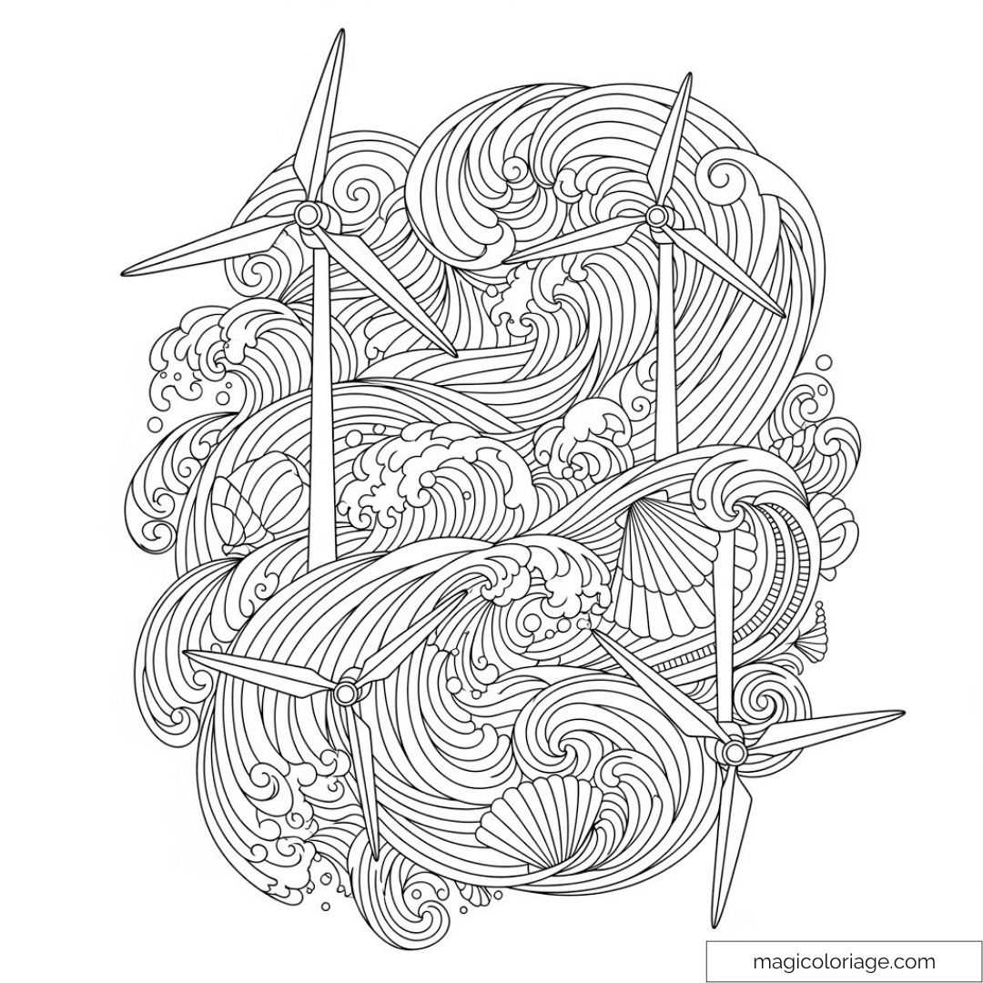 Éoliennes stylisées au milieu de vagues tourbillonnantes à colorier.
