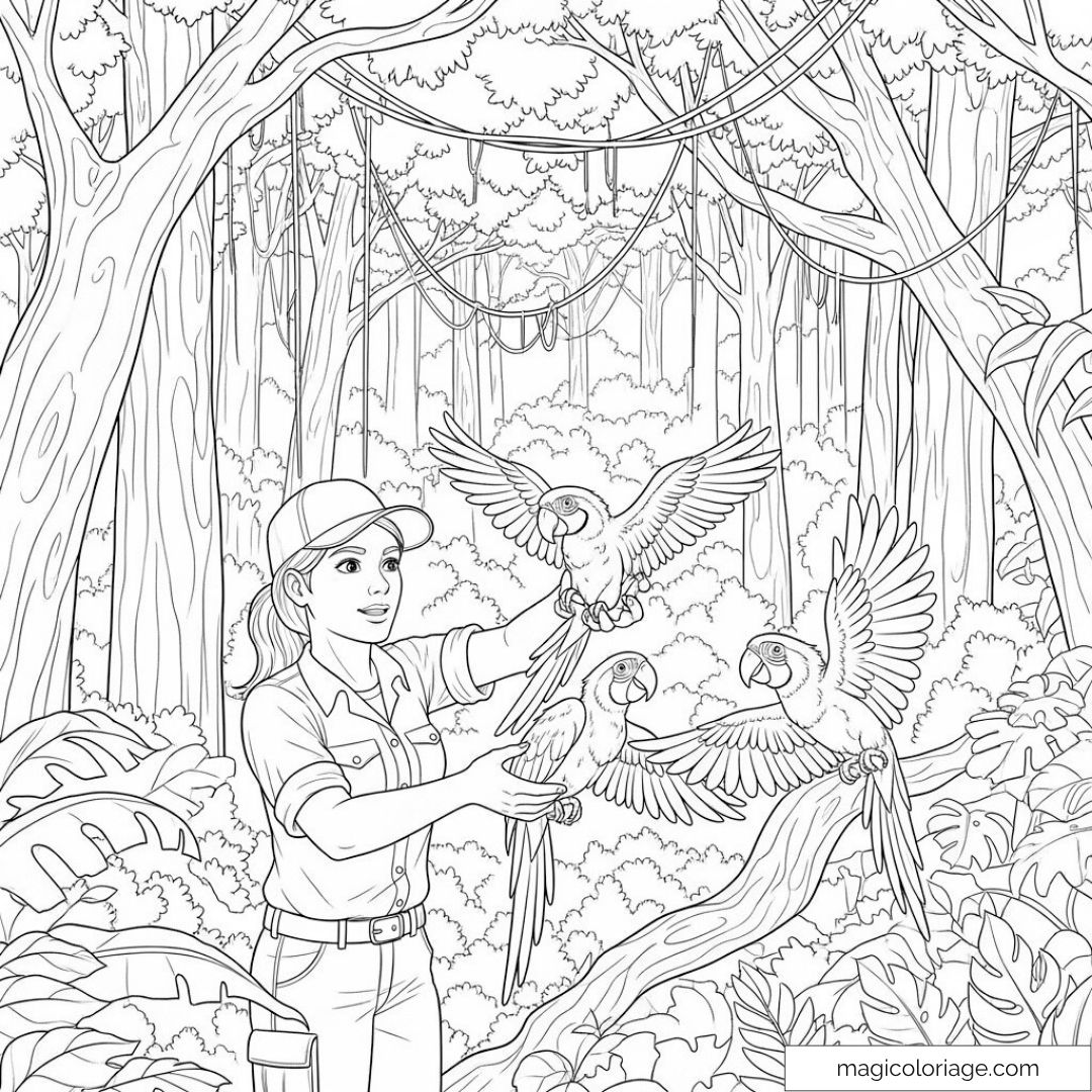 Jungle avec naturels perroquets et personnage humain