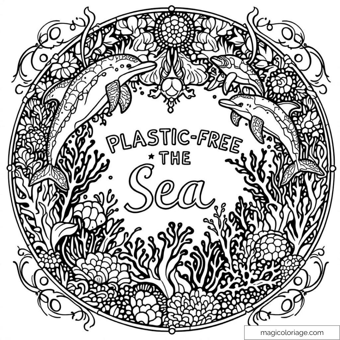 Dauphins et coraux avec message "Plastic-Free The Sea".