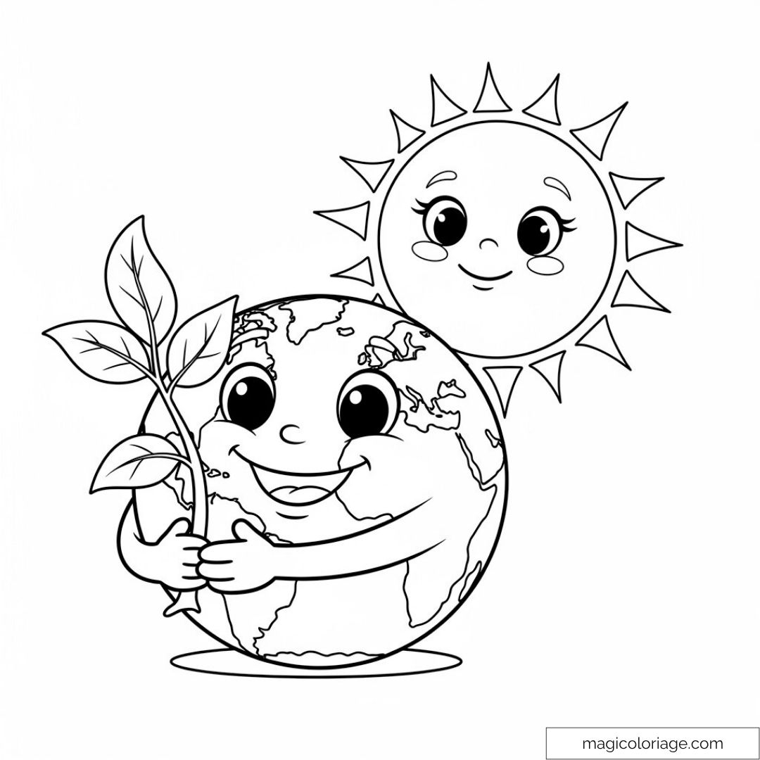 Dessin d'une Terre souriante tenant une plante sous un soleil amusant.