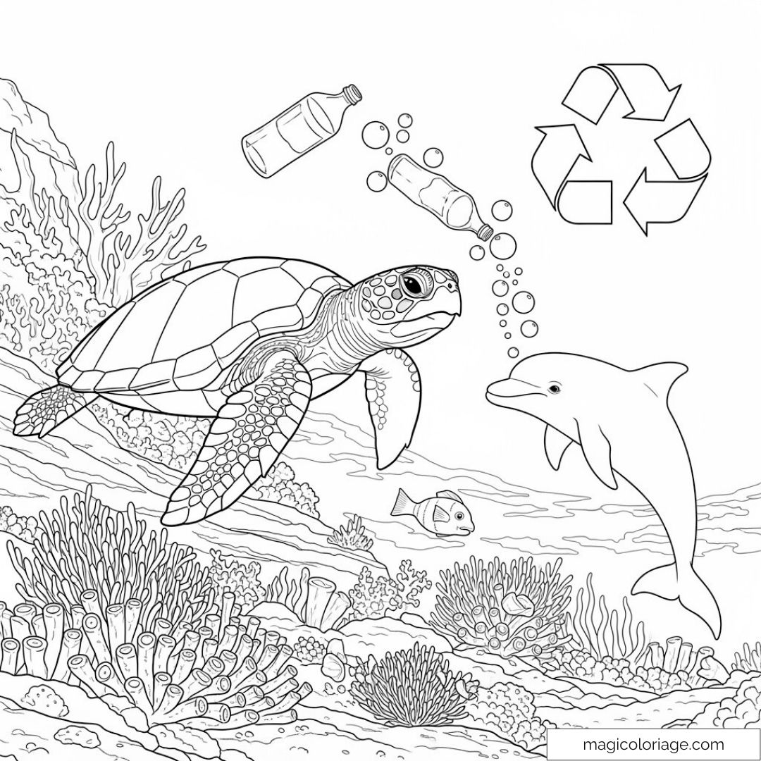 Tortue et dauphin nageant dans l'océan avec déchets plastiques et symbole recyclage.