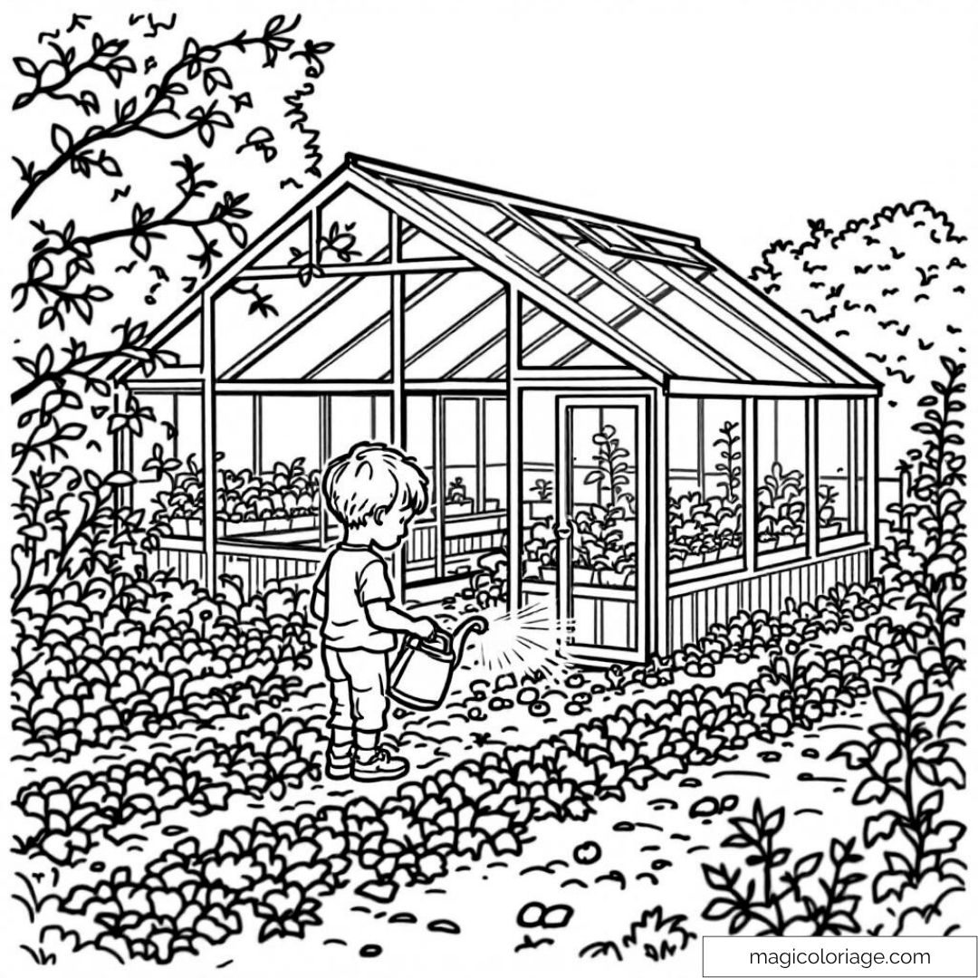 Enfant arrosant des plantes devant une serre dans un jardin.