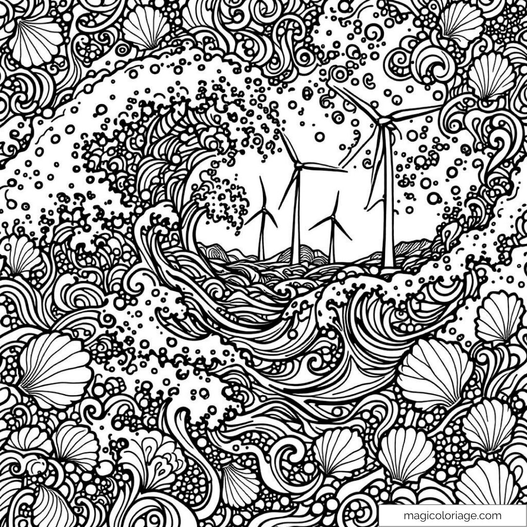 Dessin complexe de vagues et d'éoliennes pour coloriage adulte relaxant.