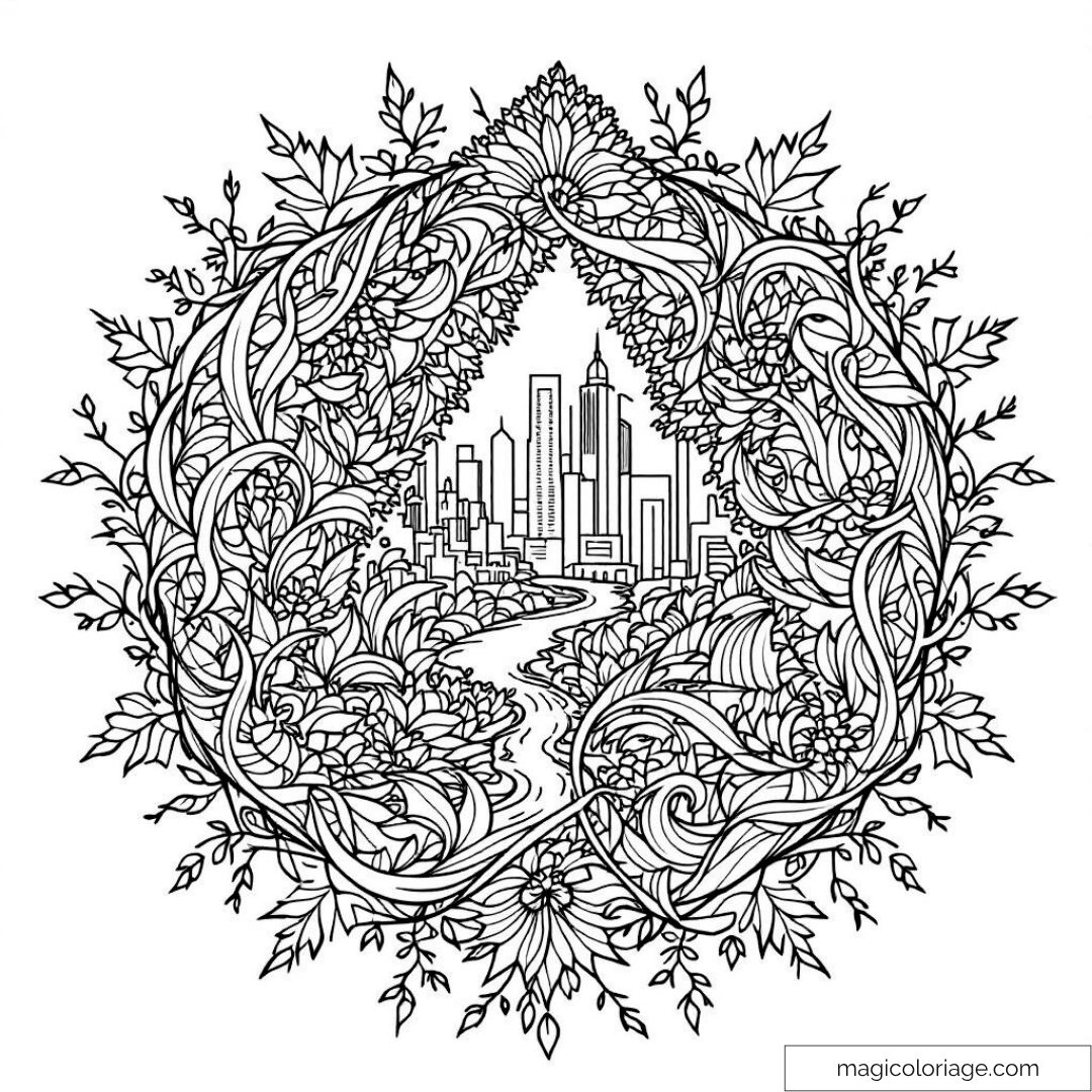 Dessin de ville et nature avec gratte-ciels