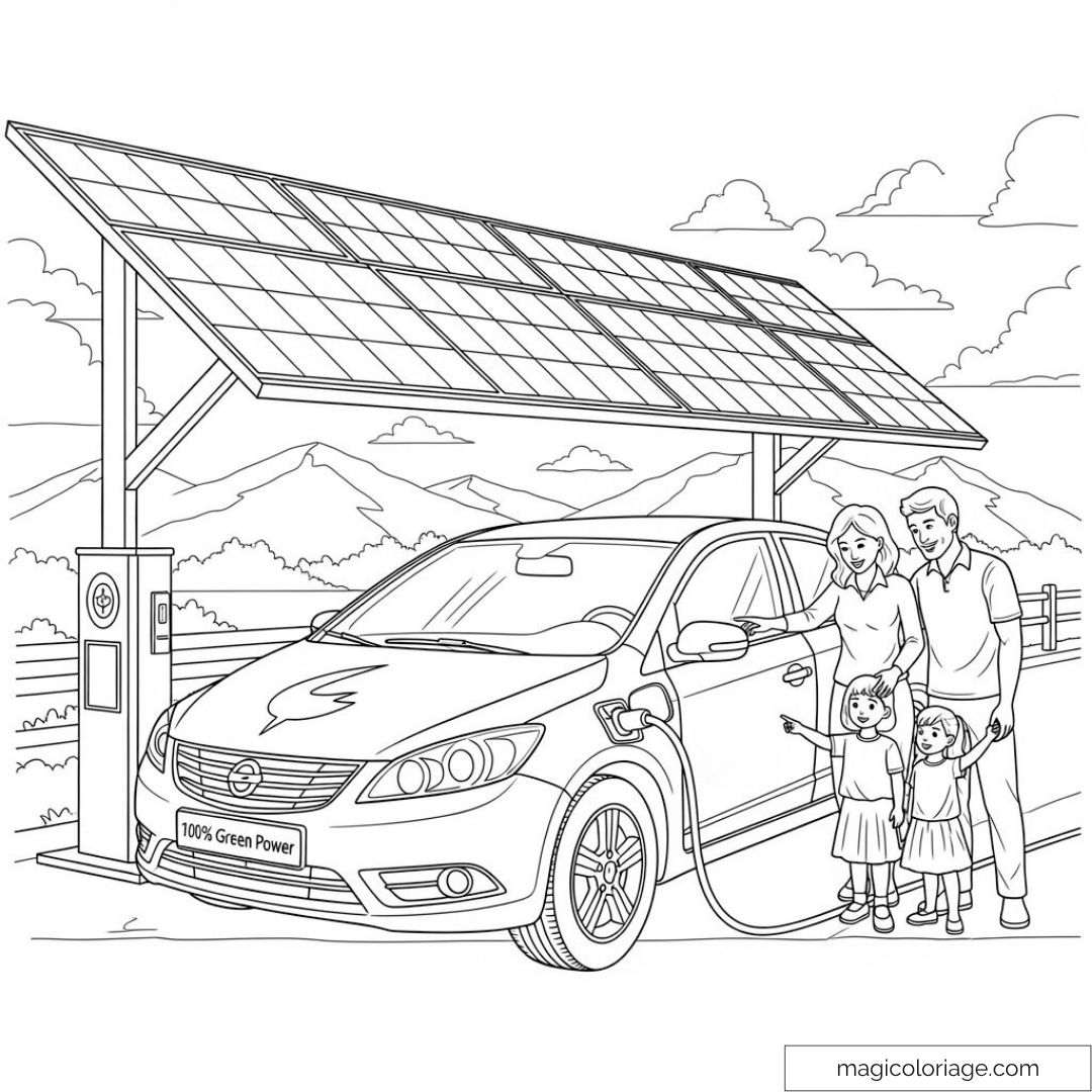 Voiture électrique sous panneaux solaires avec famille contente.