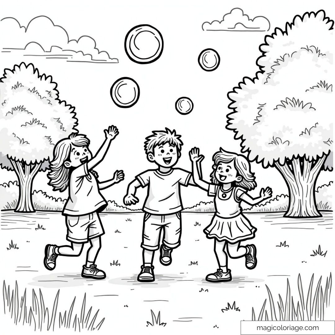 Enfants jouant avec des bulles dans un parc verdoyant