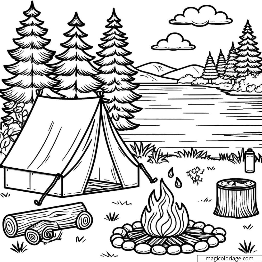Coloriage d'un campement par un lac avec une tente et un feu de camp