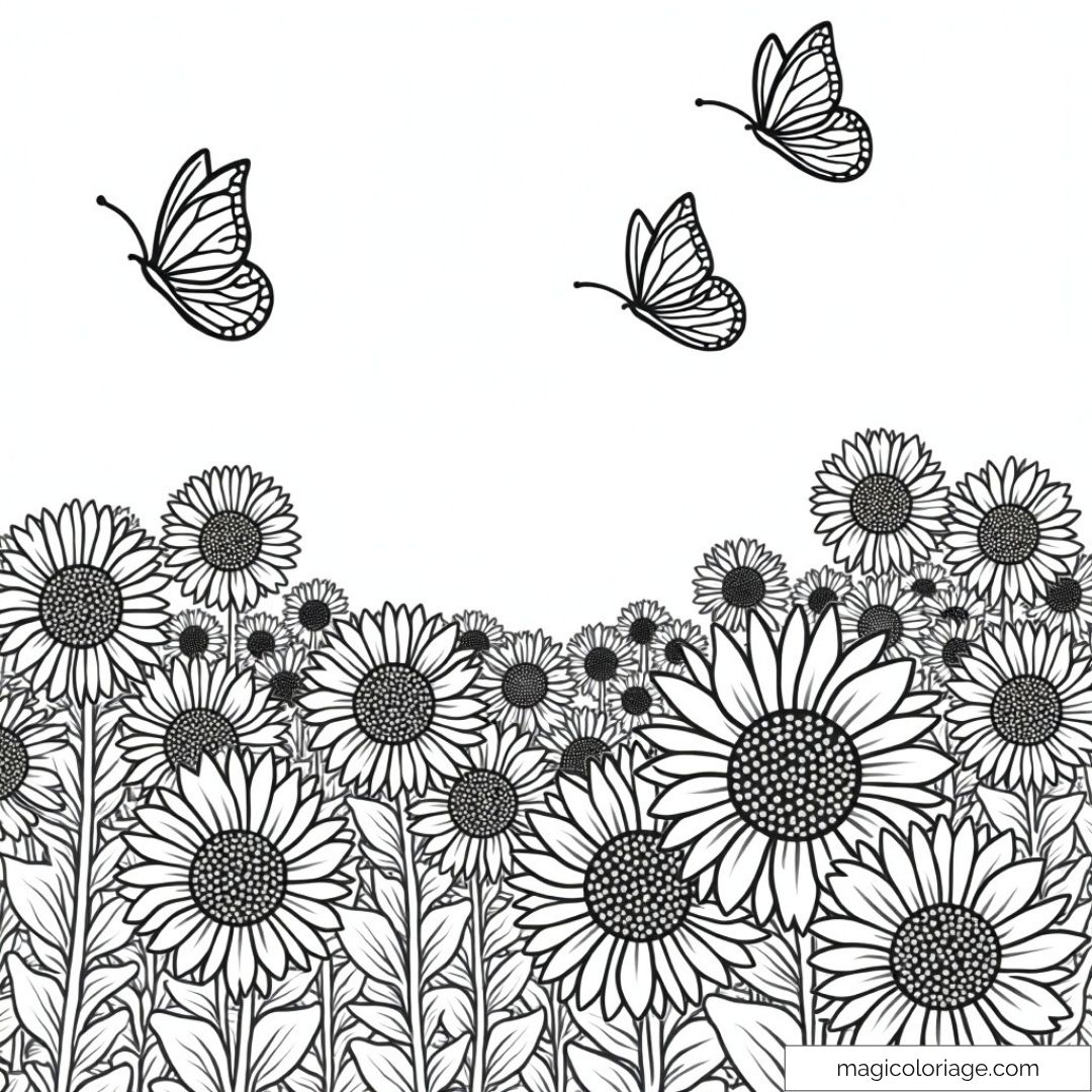 Dessin de tournesols en champs avec papillons volant
