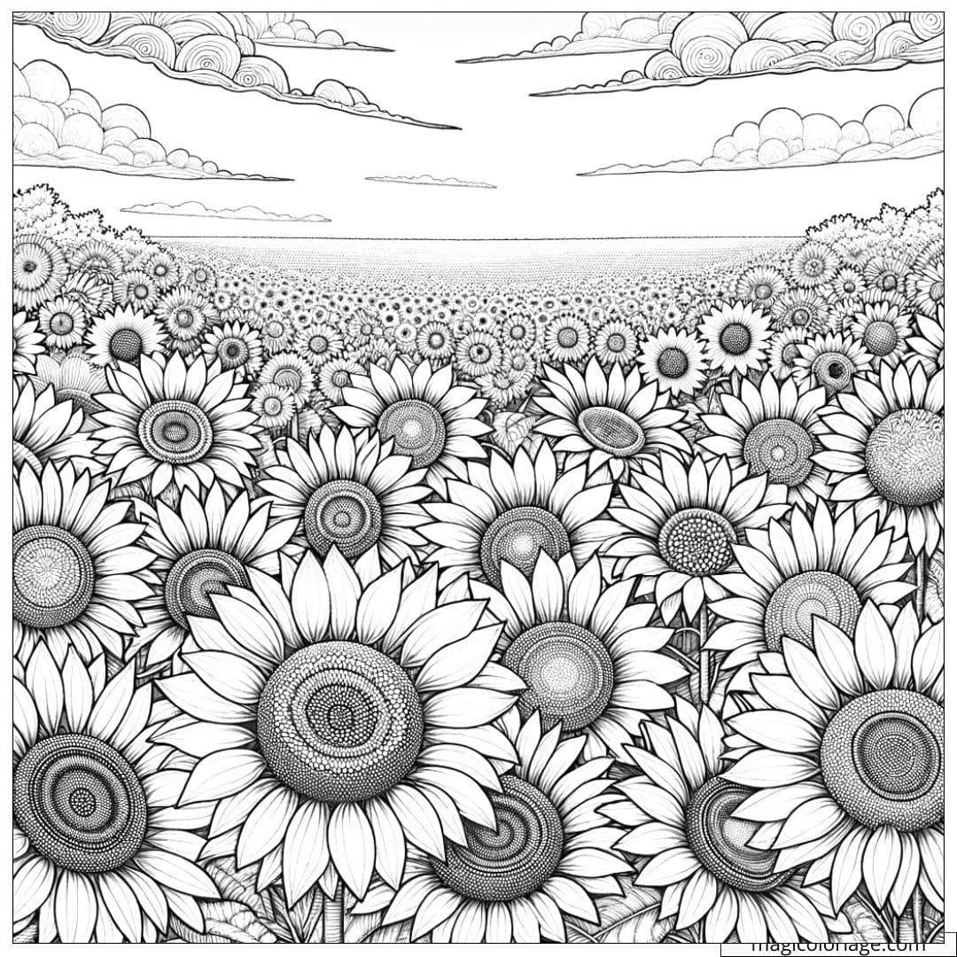 Coloriage d'un champ de tournesols sous un ciel bleu d'été