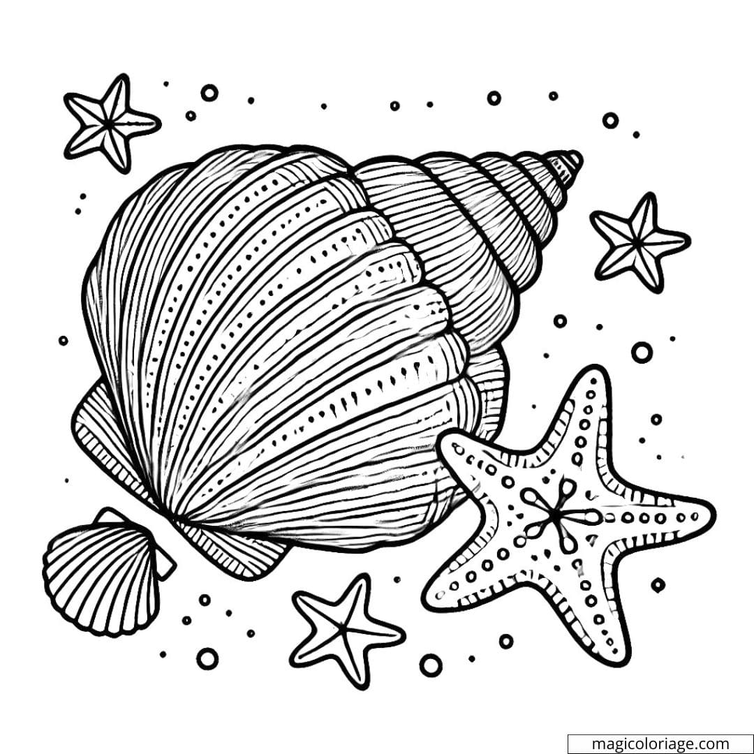 Dessin à colorier de coquillage avec des étoiles de mer