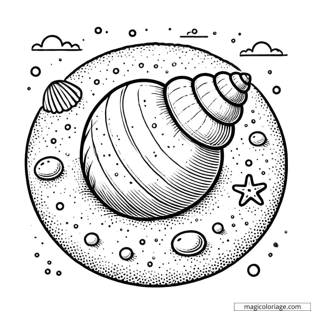 Dessin à colorier de coquillage avec du sable et des petites pierres