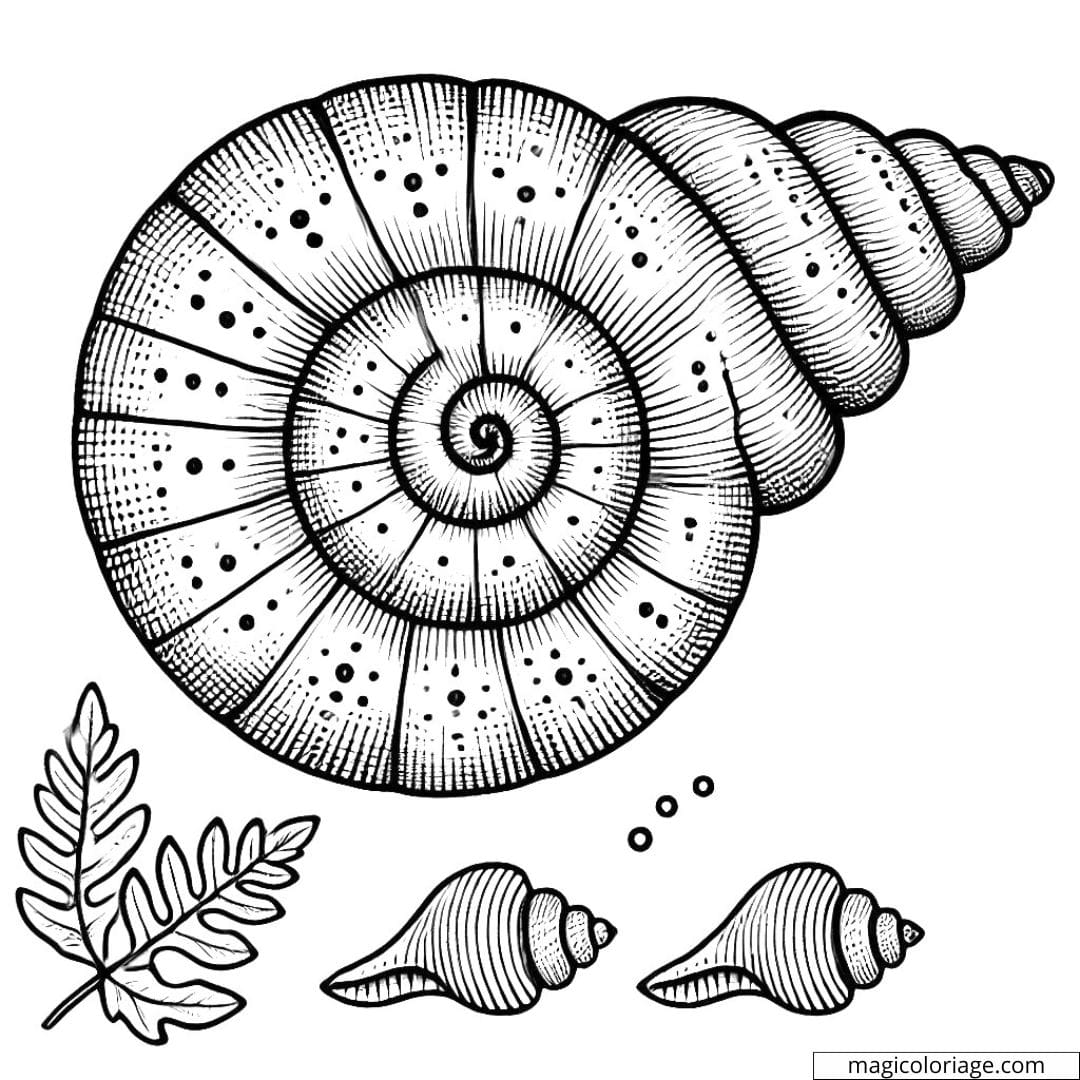 Dessin à colorier de coquillage spiralé avec des motifs en pointillés