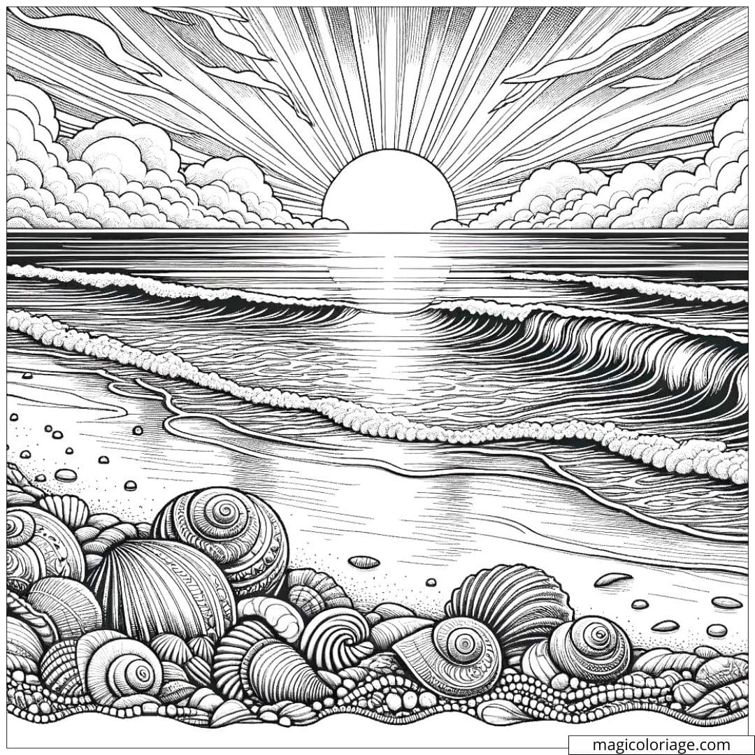 Coloriage d'un coucher de soleil sur une plage déserte