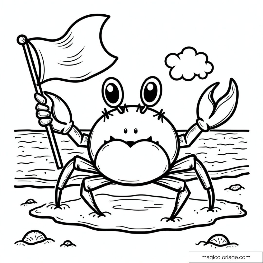 Crabe souriant tenant un drapeau sur la plage avec coquillages.