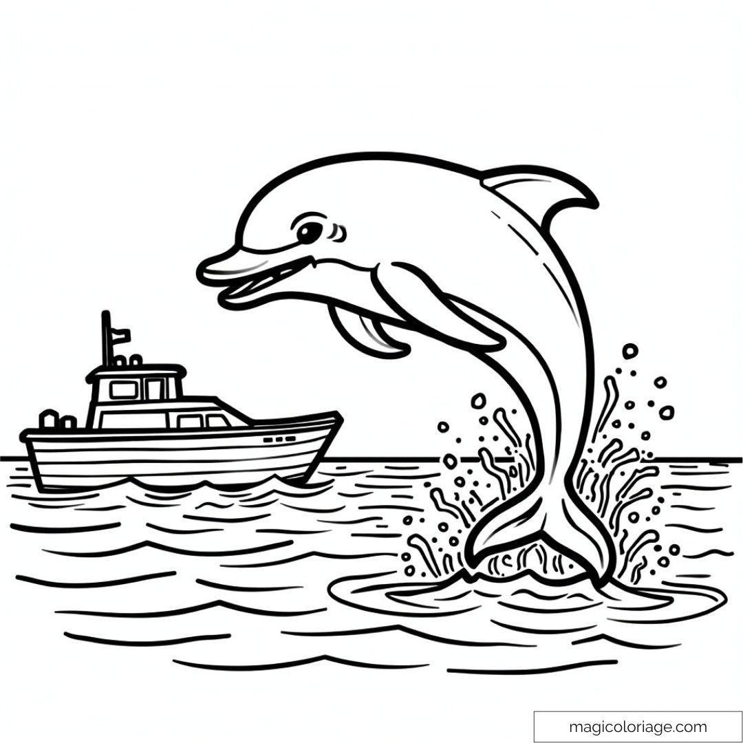 Dessin de dauphin sautant près d'un bateau sur la mer