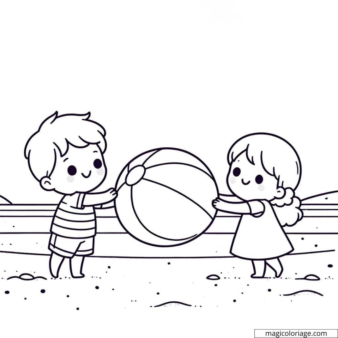 Coloriage de deux enfants jouant avec un ballon sur la plage