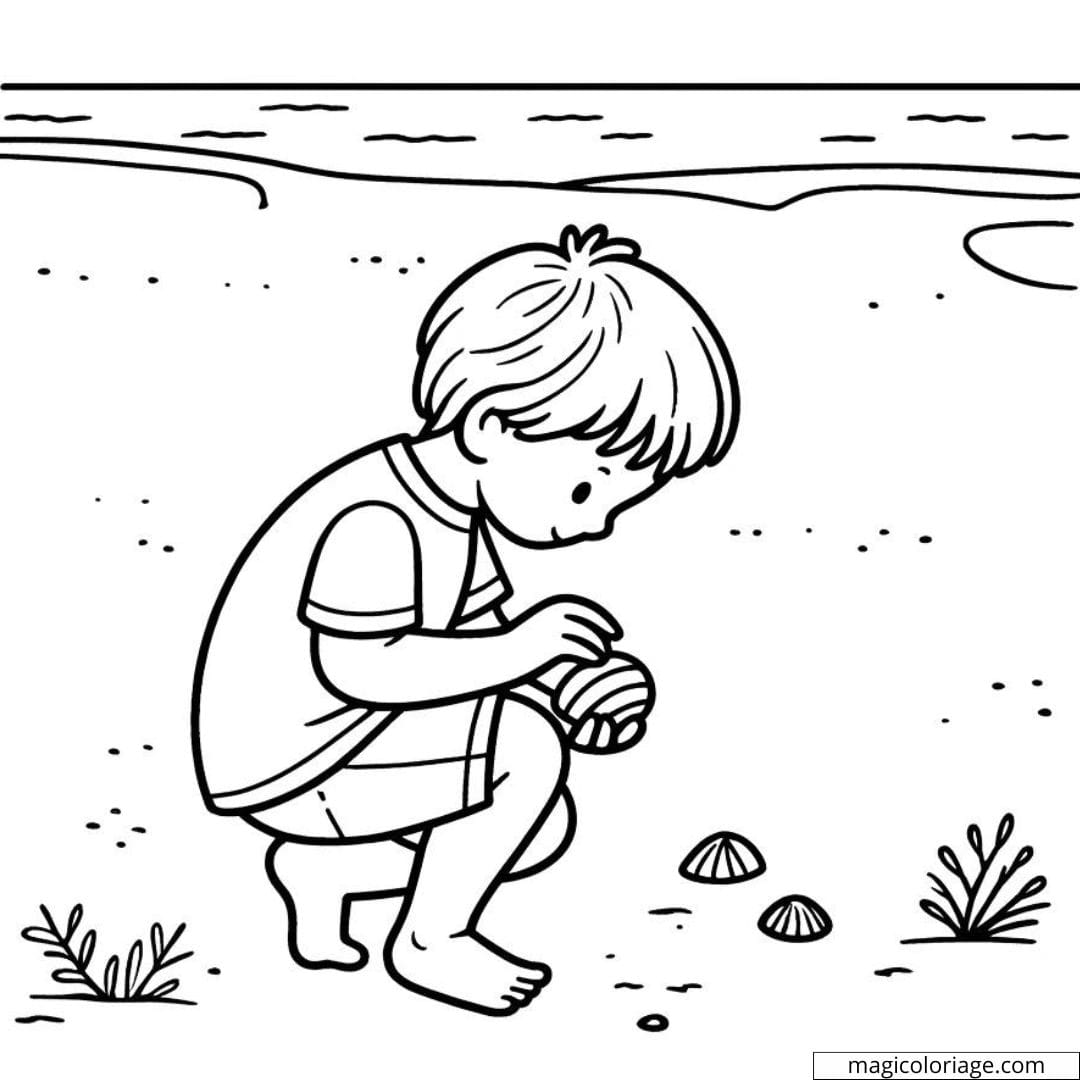 Coloriage d'un enfant cherchant des coquillages sur la plage