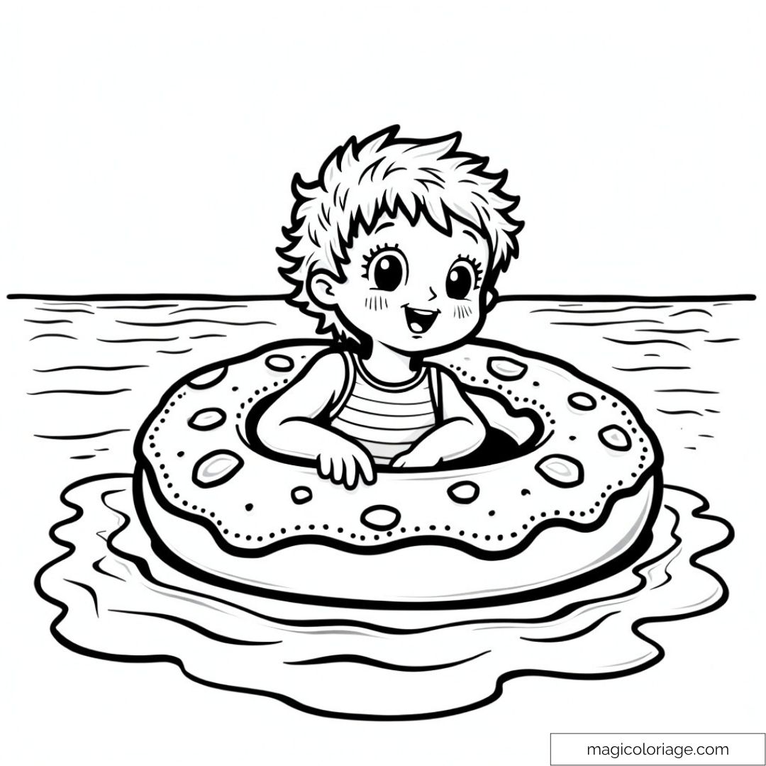 Enfant souriant dans une bouée donut sur l'eau plage