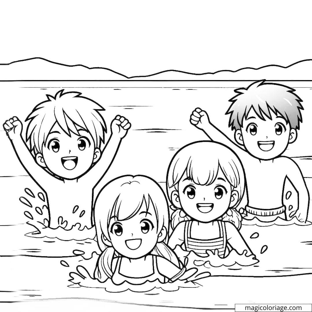 Coloriage d'un groupe d'enfants nageant dans la mer