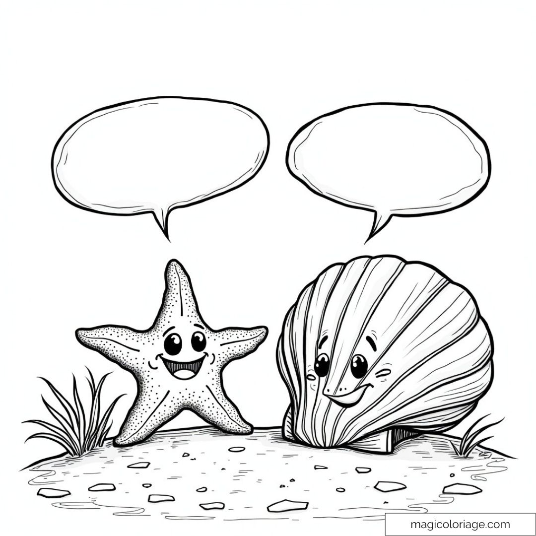Dessin d'une étoile de mer et d'un coquillage souriants avec bulles de texte.
