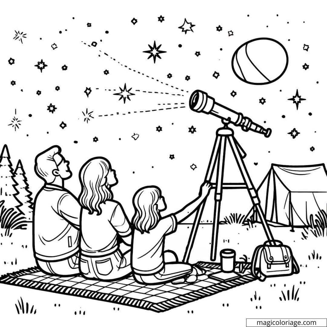 Coloriage d'une famille observant des étoiles lors d'une nuit d'été au camping