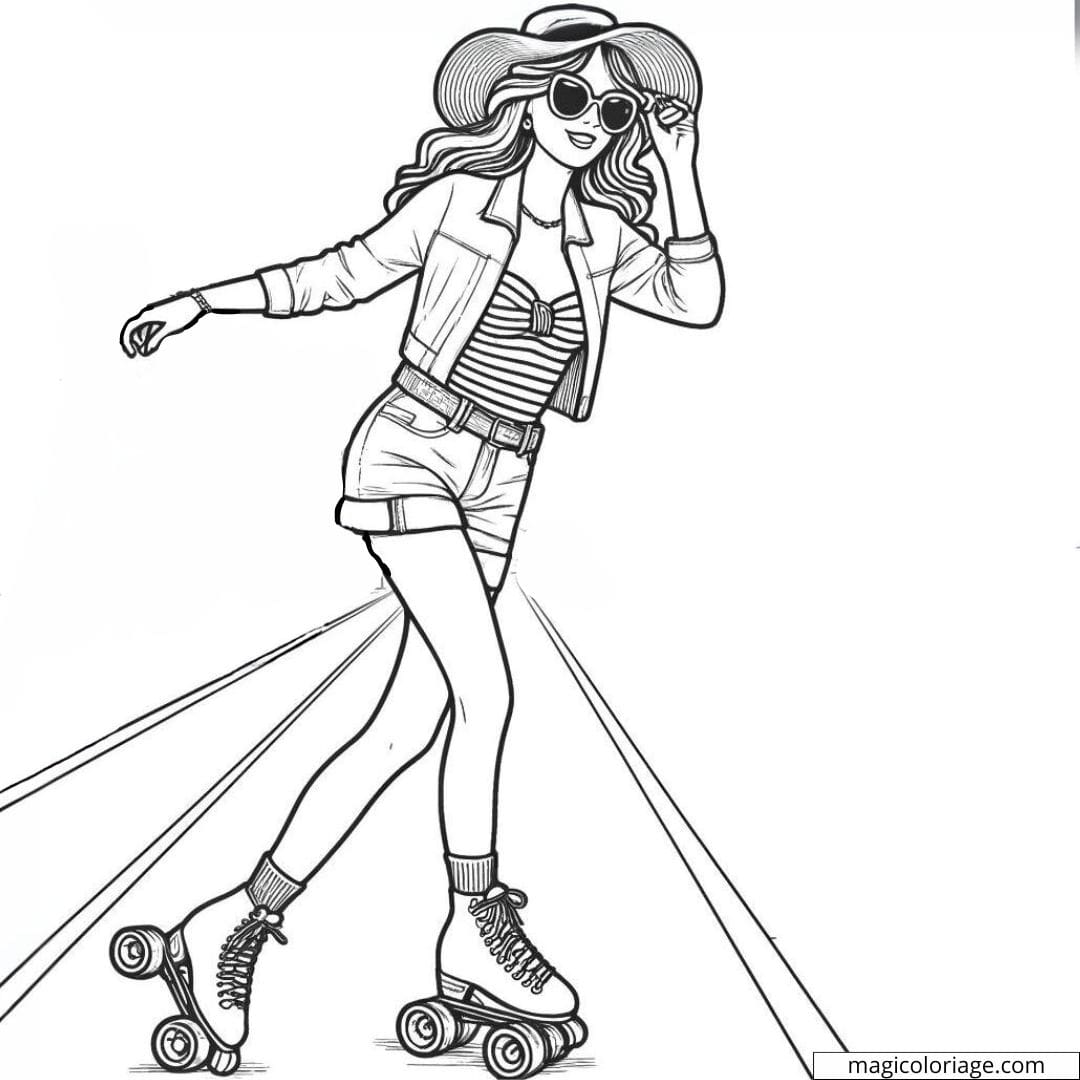 Coloriage d'une femme faisant du roller sur la promenade