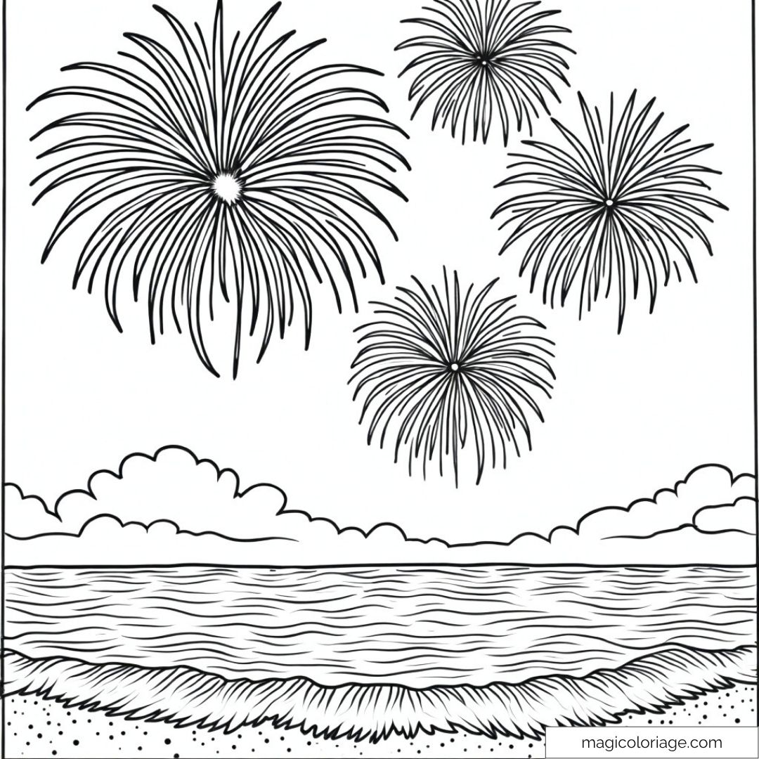 Dessin de feux d'artifice illuminant une plage